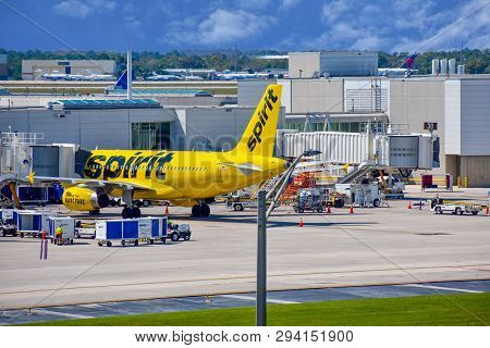 Orlando, Florida.  March 02, 2019. Frontier Aircraft On Runway Preparing For Departure From The Orla