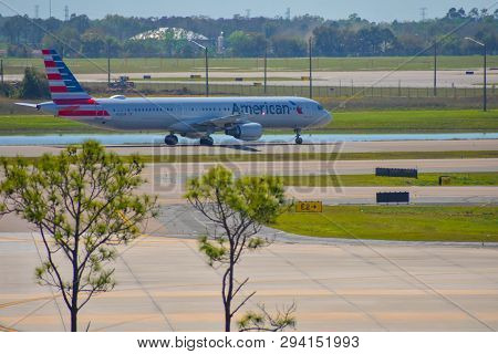 Orlando, Florida.  March 02, 2019. View Of Airplane From Spirit Airlines (nk)  At The Gate In Orland