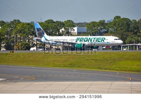 Orlando, Florida.  March 02, 2019. View Of Airplane From Spirit Airlines (nk)  At The Gate In Orland
