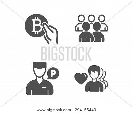 Set Of Bitcoin Pay, Group And Valet Servant Icons. Man Love Sign. Cryptocurrency Coin, Developers, P