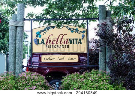 BAR HARBOR, MAINE - JULY 11, 2013:  Sign for La Bella Vita ristorante in Bar Harbor.