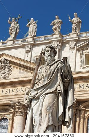 ROME, ITALY - AUGUST 17, 2018: St Paul 's statue holding a sword in Vatican City. The statue was sculpted in 1838 by Adamo Tadolini
