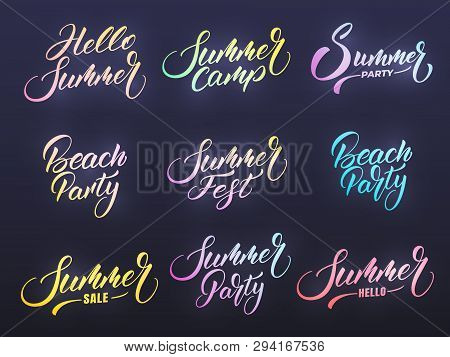 Summer Lettering. Modern Summer Calligraphy With Trendy Vibrant Neon Glowing Colors. Vector Labels F