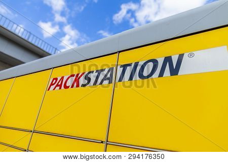 Nuremberg / Germany - April 7, 2019: Dhl Packstation Stands On A Street In Nuremberg. Packstation Me