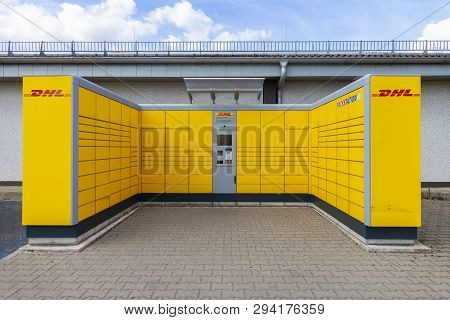 Nuremberg / Germany - April 7, 2019: Dhl Packstation Stands On A Street In Nuremberg. Packstation Me