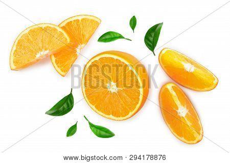 Orange With Leaves Isolated On White Background. Top View. Flat Lay