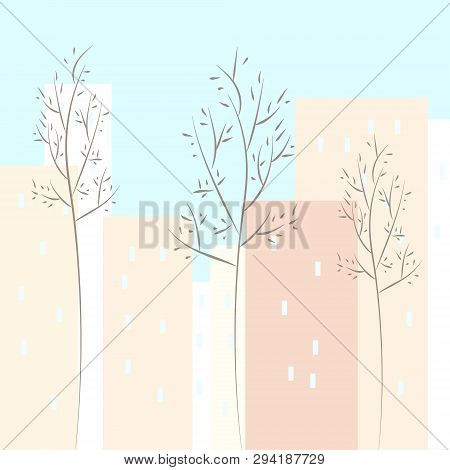 Nonlinear Houses Look Out Of The Picture. Flat Cartoon Style Vector Spring City Street. Tree Houses 