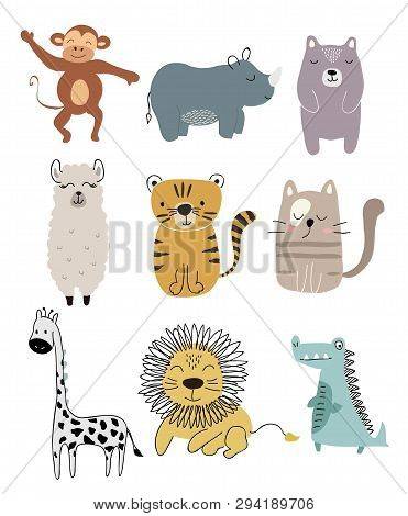 Cute Animals Set. Childish Vector Illustration Scandinavian Stylr Design Concept For Card, Kids Clot