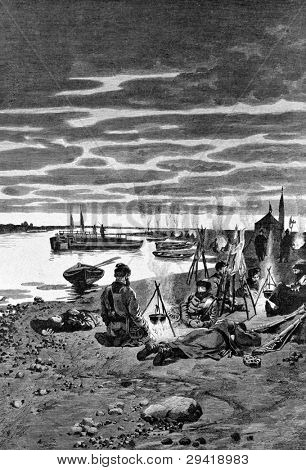 Campaign against archers Stenka Razin. Engraving by Shlipper from picture by painter Ryabushkin. Published in magazine 
