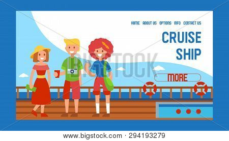 Cruise Liner Ship Travel Banner Web Design Vector Illustration. Family Members Standig On Ship. Tour