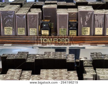 Montreal, Canada - December 8, 2018: Tom Ford Perfumes Stand In Yul Montreal Airport. Thomas Carlyle