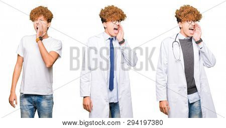 Collage of young doctor man wearing medical coat over isolated white background shouting and screaming loud to side with hand on mouth. Communication concept.