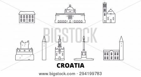 Croatia Line Travel Skyline Set. Croatia Outline City Vector Illustration, Symbol, Travel Sights, La