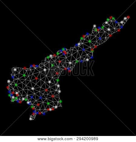 Bright Mesh Andhra Pradesh State Map With Glare Effect. Wire Frame Triangular Mesh In Vector Format 