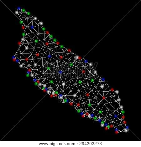 Bright Mesh Aruba Island Map With Glow Effect. Wire Carcass Triangular Mesh In Vector Format On A Bl