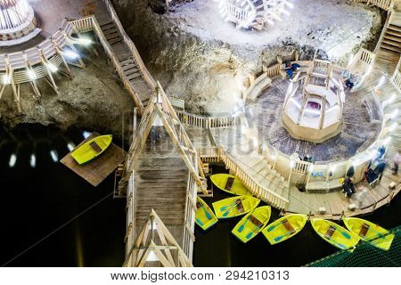 TURDA, ROMANIA - MARCH 10, 2018: Turda Salt Mine or Salina Turda, well known landmark in Transylvania with an underground museum and theme park, Romania, Europe