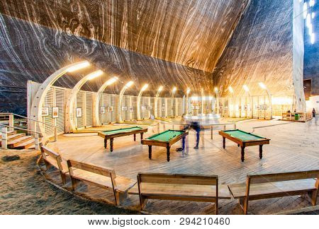 TURDA, ROMANIA - MARCH 10, 2018: Turda Salt Mine or Salina Turda, well known landmark in Transylvania with an underground museum and theme park, Romania, Europe