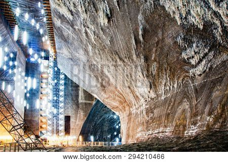 TURDA, ROMANIA - MARCH 10, 2018: Turda Salt Mine or Salina Turda, well known landmark in Transylvania with an underground museum and theme park, Romania, Europe