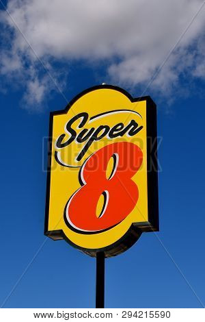 Moorhead, Minnesota, April 7, 2019:  The Sign With A Super 8 Logo Is The Worlds Largest Motel Chain,