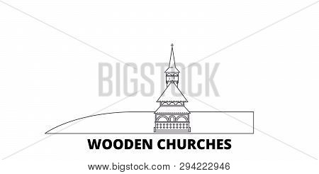 Romania, Maramures, Wooden Churches Line Travel Skyline Set. Romania, Maramures, Wooden Churches Out