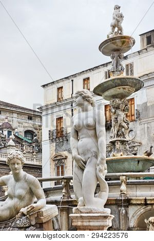 Sculptures of Fountain of Shame (Fontana Pretoria, 1574) in Palermo, Sicily, Italy                            