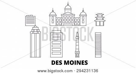 United States, Des Moines Line Travel Skyline Set. United States, Des Moines Outline City Vector Ill