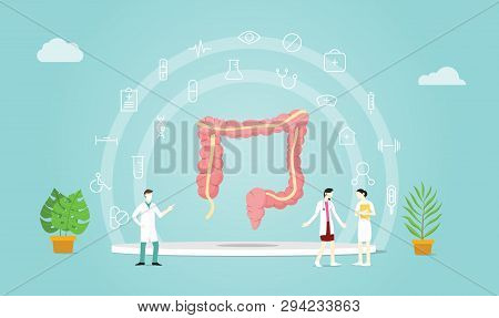 Human Colon Healthcare With Doctor People Talking Care With Medical Icon - Vector