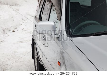 Novosibirsk, Russia - 03.10.2019: Front Side Mirror View Of Honda Cr-v First Generation In Silver Co