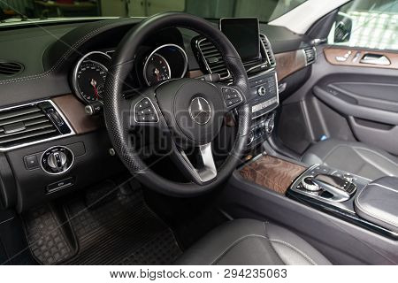 Novosibirsk, Russia - 08.01.18: Interior View With Steering Wheel And Dashboard Of Luxury Very Expen