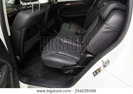 Novosibirsk, Russia - 08.01.18: Interior View With Rear Seats Of Luxury Very Expensive New White Mer