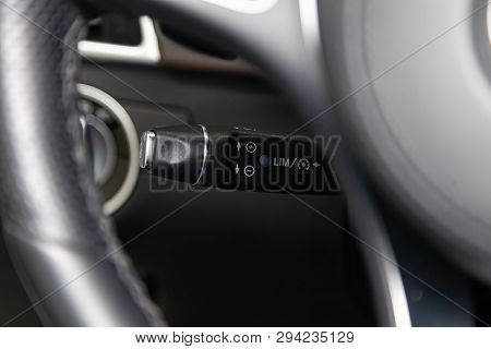 Novosibirsk, Russia - 08.01.18: Interior View With Steering Wheel And Cruise-control Swich Of Luxury