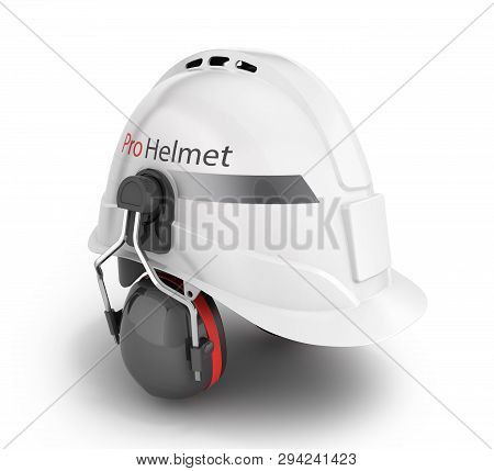 Hard Hat Safety Halmet With Earmuffs Isolated On White Background 3d