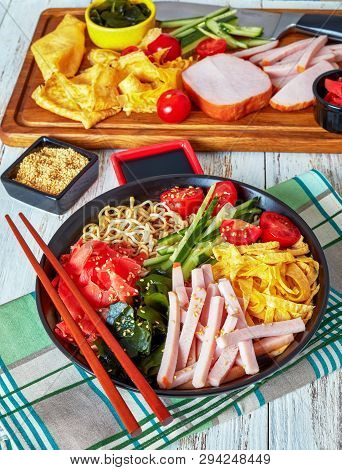 Hiyashi Chuka, Cold Ramen Summer Salad - Chilled Egg Noodles  Topped With Cucumber, Seaweeds, Pickle
