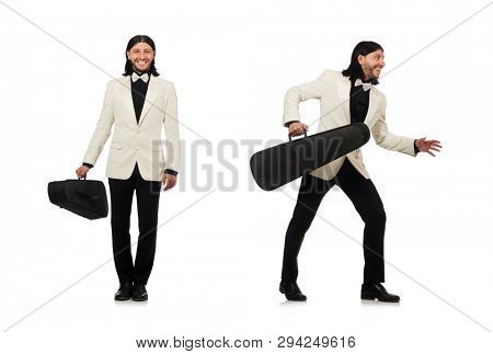 Man with violin case on whtie