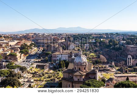Panoramic Sight From The Heights With The Dome And Rooftops Of The Eternal City In Rome, Italy