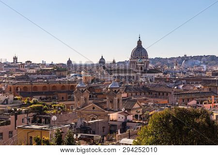 Panoramic Sight From The Heights With The Dome And Rooftops Of The Eternal City In Rome, Italy