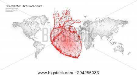 World Heart Attack Day Awareness. Health Medicine Poster Template. Red Polygonal Heart On World Map 