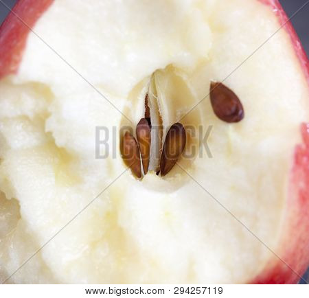 Bitten Off A Piece Of Red Ripe Apple With Black Bones, Closeup