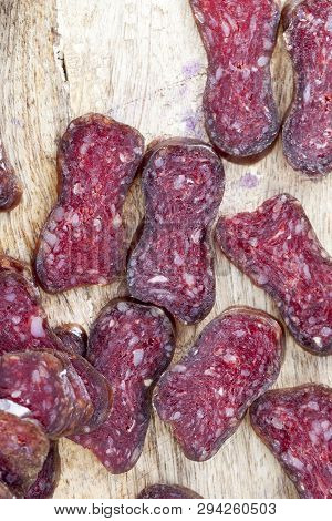 Home-made Sausage Made From Red Meat Lying In The Kitchen During The Preparation Of A Large Number O