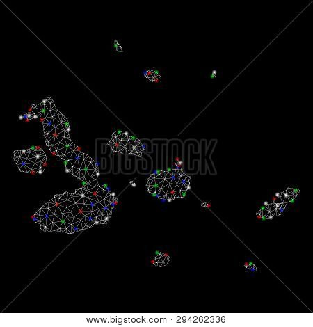 Bright Mesh Galapagos Islands Map With Glare Effect. Wire Frame Triangular Mesh In Vector Format On 