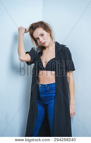 Model Tests. Photo Session Model In The Studio. Simple Attractive Portraits For A Young Beautiful Gi
