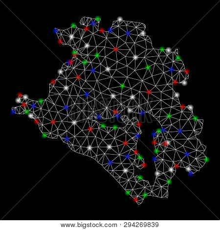 Bright Mesh Krasnodarskiy Kray Map With Glare Effect. Wire Frame Triangular Mesh In Vector Format On