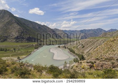 Panoramic View Of An Altai Mountain Katun River. Place Of Confluence Of Katun And Chuya Rivers. Summ