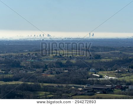 Montevecchia, Lecco, Brianza, Lombardy, Italy: Panoramic View Of Milan And Its Skyscrapers