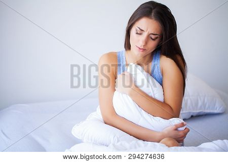 Body Pain. Close Up Of Beautiful Woman Body Having Stomach Ache