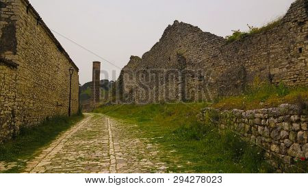 Exterior View To Ruined Xhamia E Kuqe Aka Red Mosque At Berat Fortress In Berat, Albania