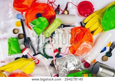 Plastic Pollution Concept. Be Plastic Free. Broken Single-use Colorful Plates, Forks, Cups, Bottle, 