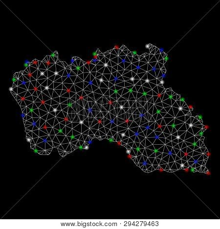 Bright Mesh Santa Maria Island Map With Glare Effect. Wire Frame Triangular Mesh In Vector Format On