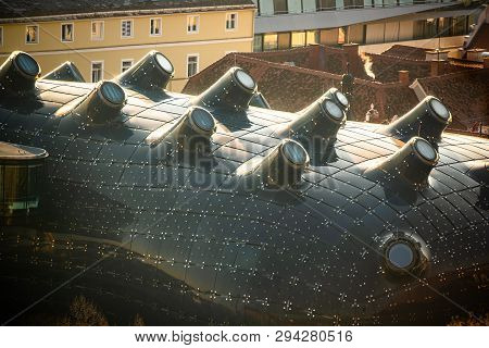 Graz,styria, Austria - 20.01.2019: View At Grazer Kunsthaus, Or Graz Art Museum Graz From Castle Hil