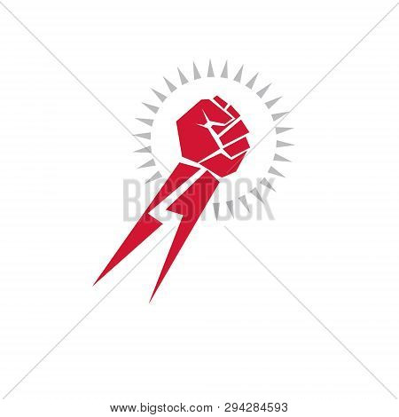 Vector Illustration Of Clenched Fist In The Shape Of Lightning Can Be Used As Tattoo. Power And Auth